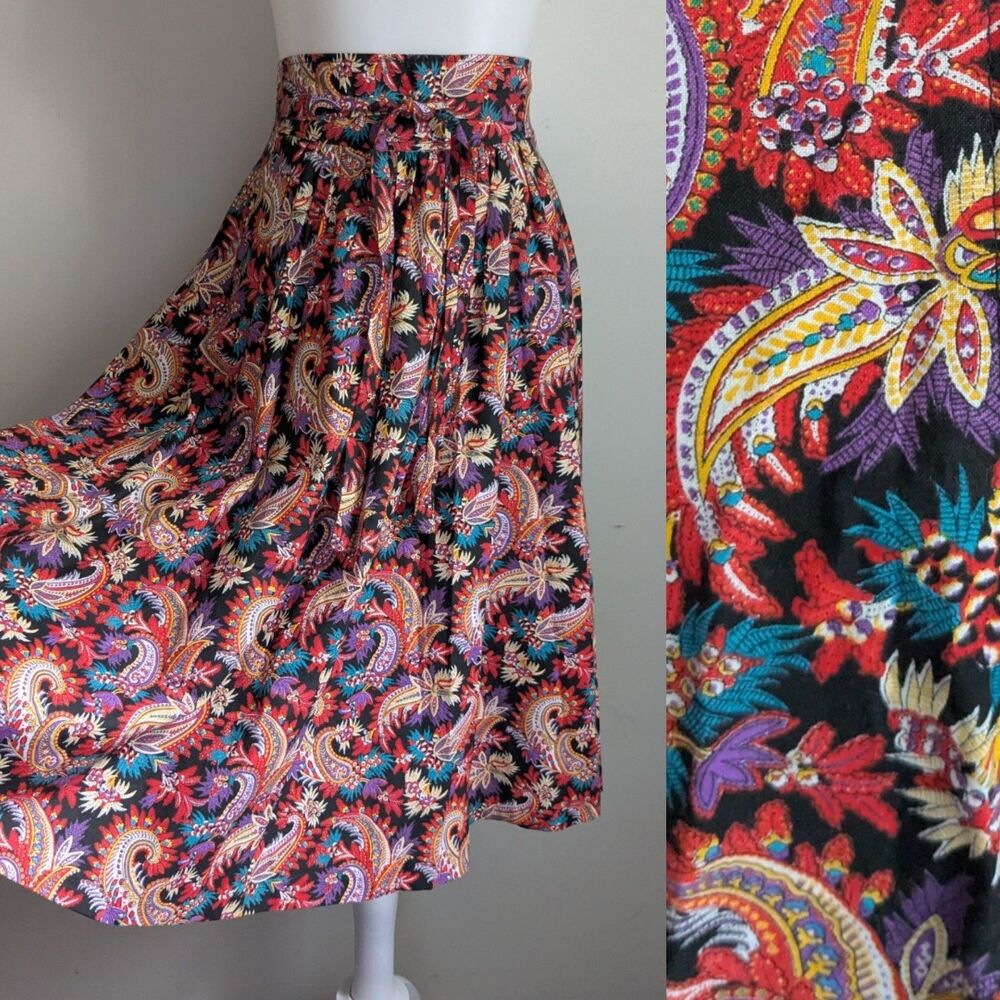 True Vintage 70s Full Skirt Colorful Paisley Cotton Midi Retro Boho 26" W XS Tie